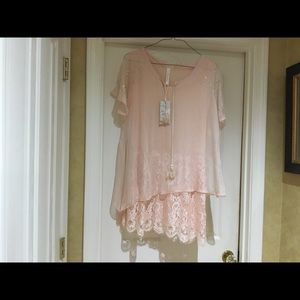 SIS FASHION Sheer & Lace Blouse Glitter Sleeves L